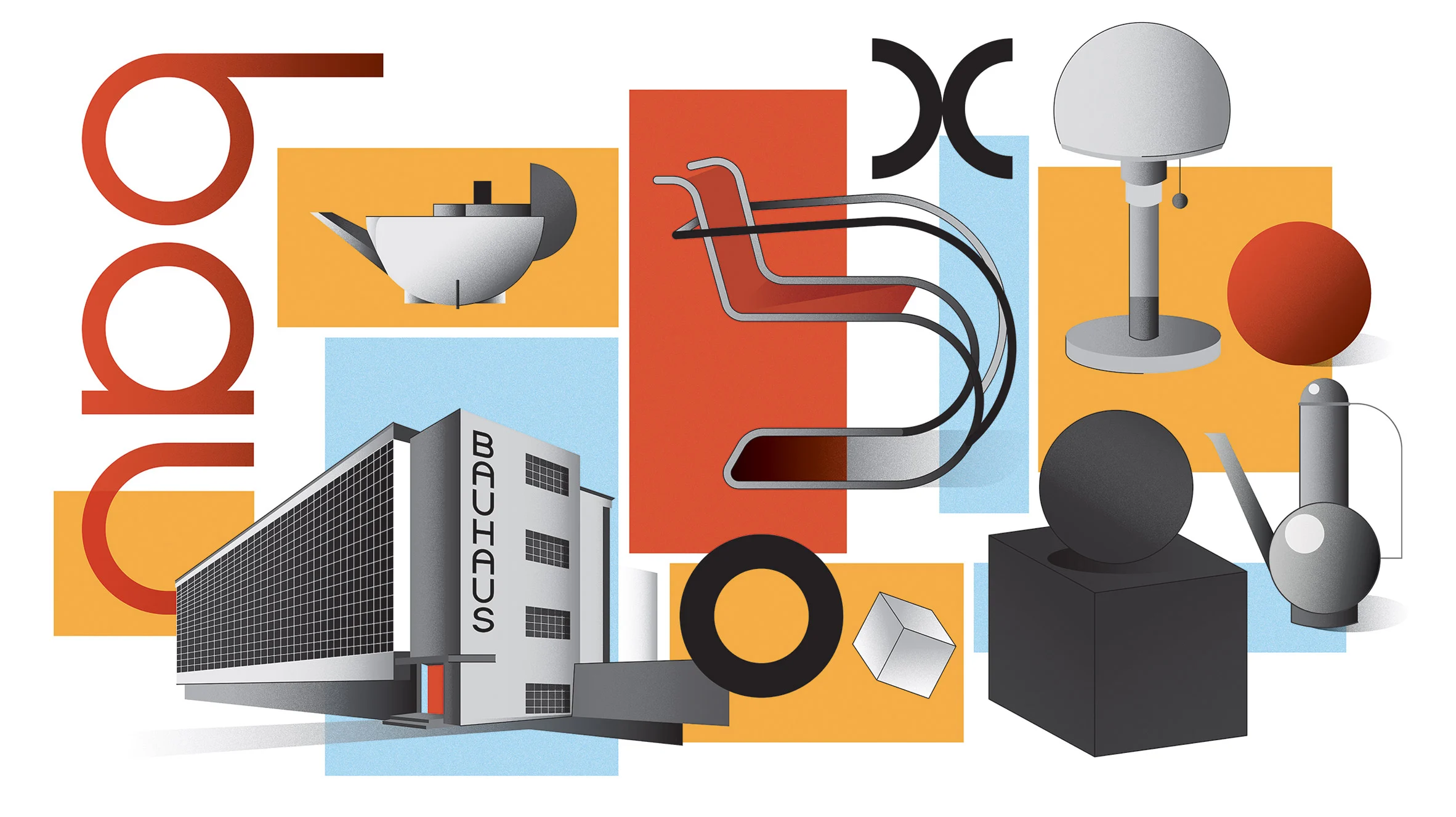 A poster showing chairs, lamps and the building of the German design school Bauhaus